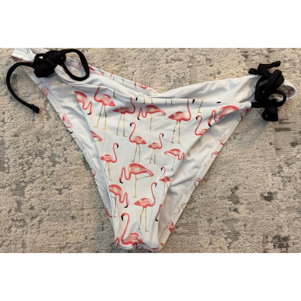 Pink Flamingo Print Side Tie Bikini Bottoms White Gold Ruched Back Swimwear‎ S